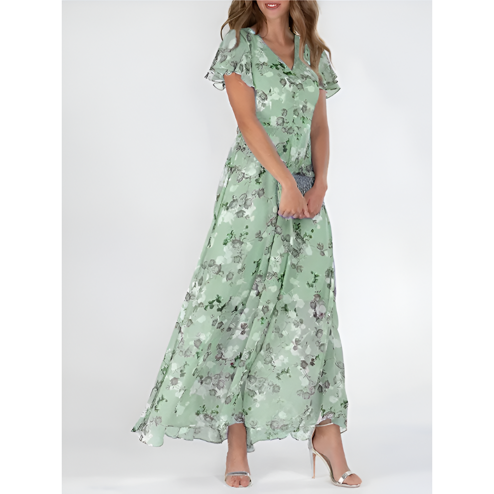 Women’s Elegant V-Neck Maxi Dress with Flutter Sleeves