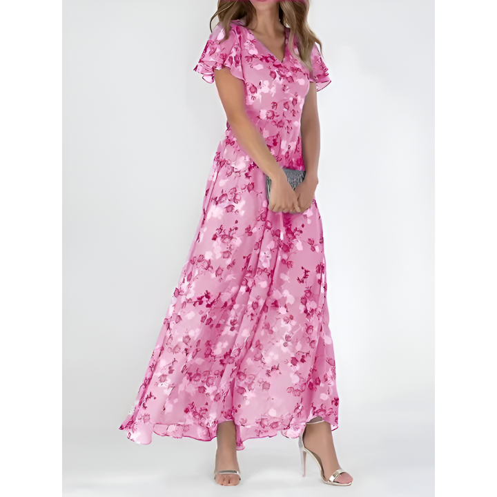 Women’s Elegant V-Neck Maxi Dress with Flutter Sleeves