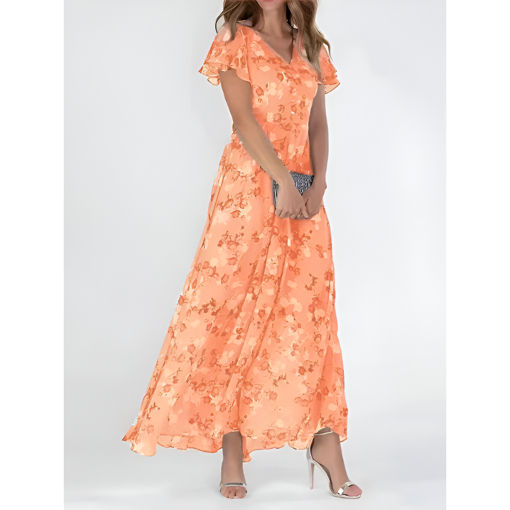 Women’s Elegant V-Neck Maxi Dress with Flutter Sleeves