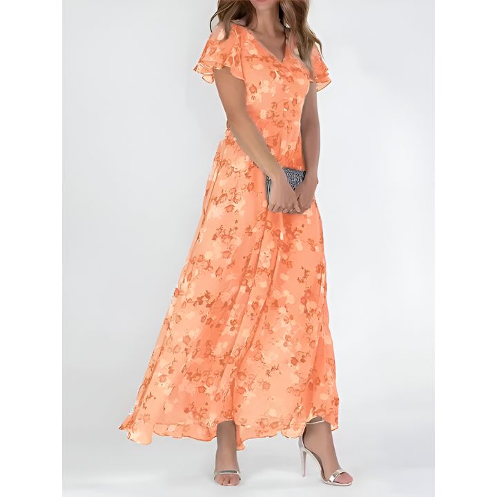 Women’s Elegant V-Neck Maxi Dress with Flutter Sleeves