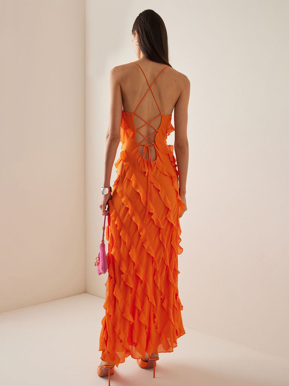 Women's maxi dress with ruffles on straps