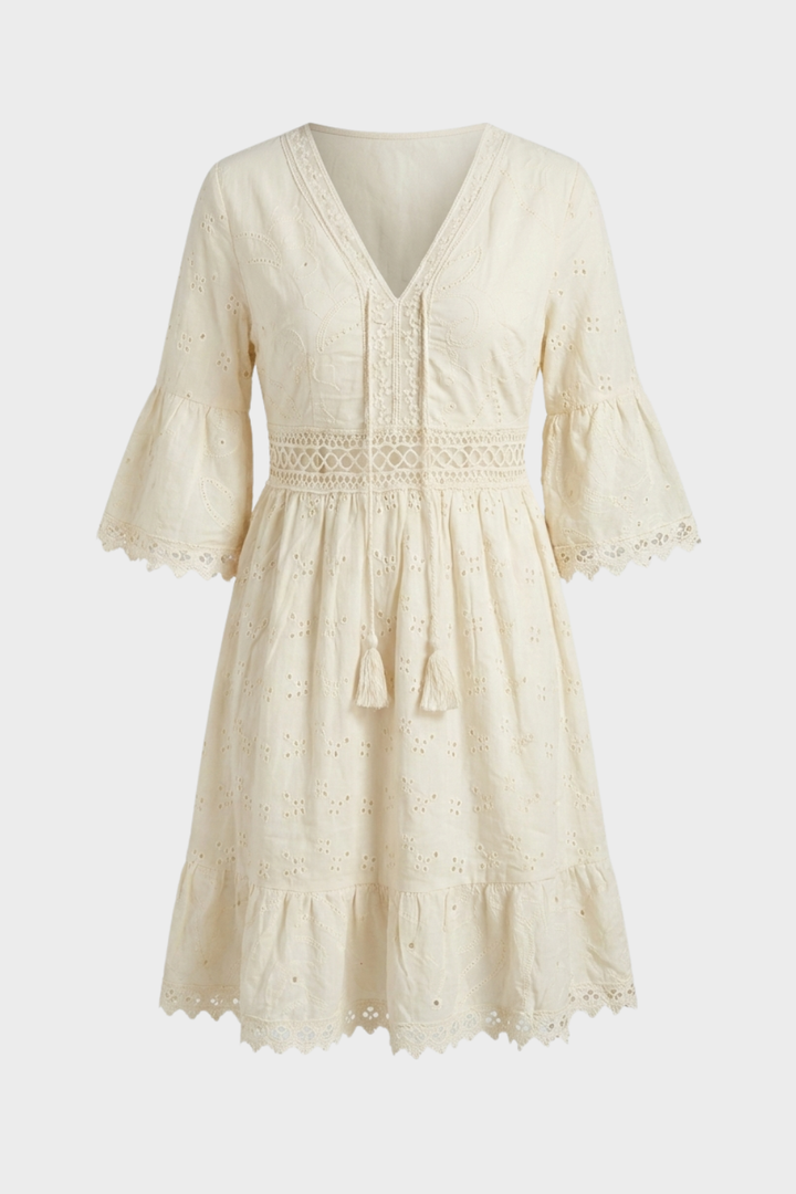 Scarlett | Women's Boho Mini Dress V-Neck Bell Sleeves Eyelet Lace