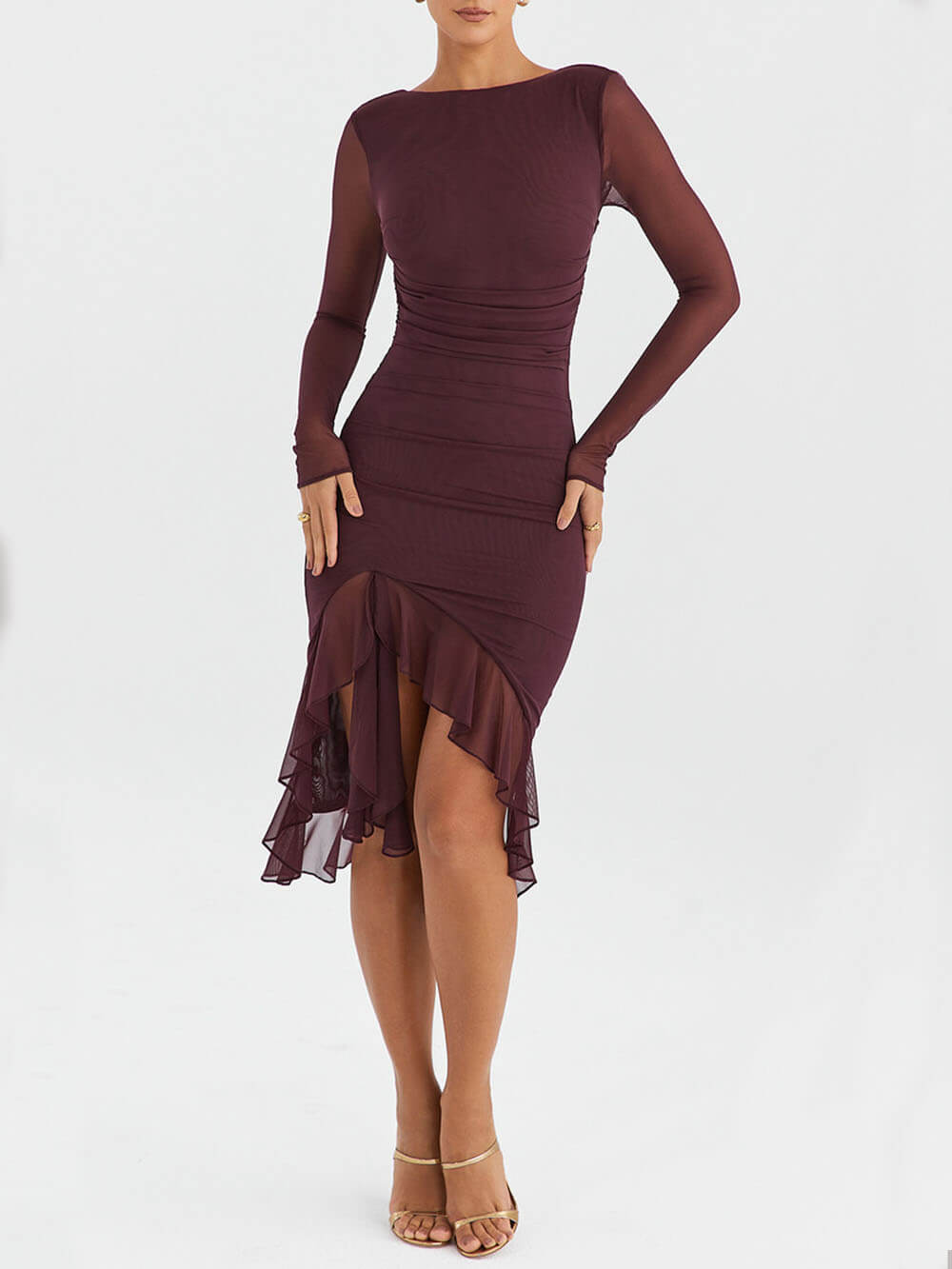 Women's midi dress with long sleeves and ruffle