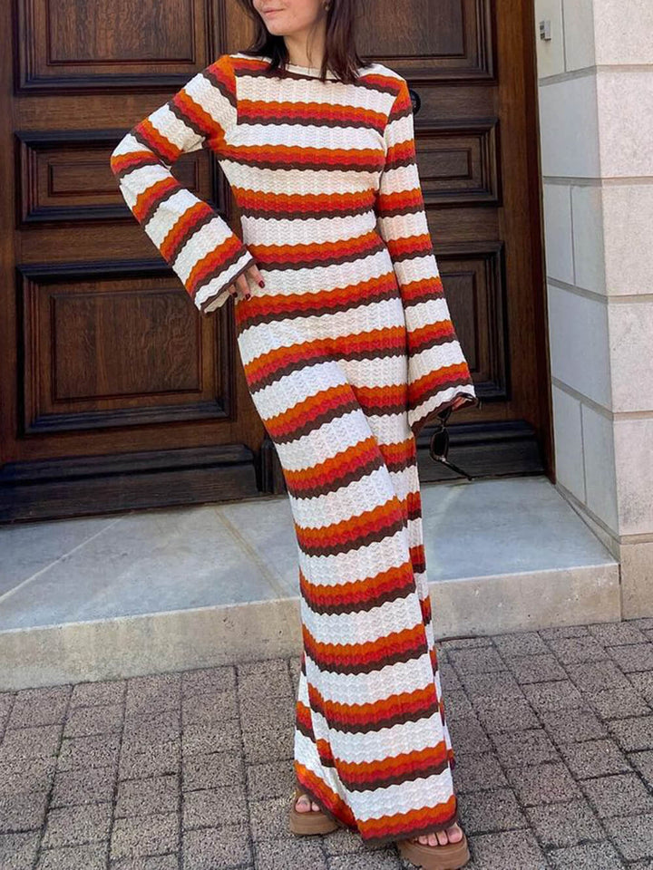 Women's Maxi Dress with Stripes and Long Sleeves