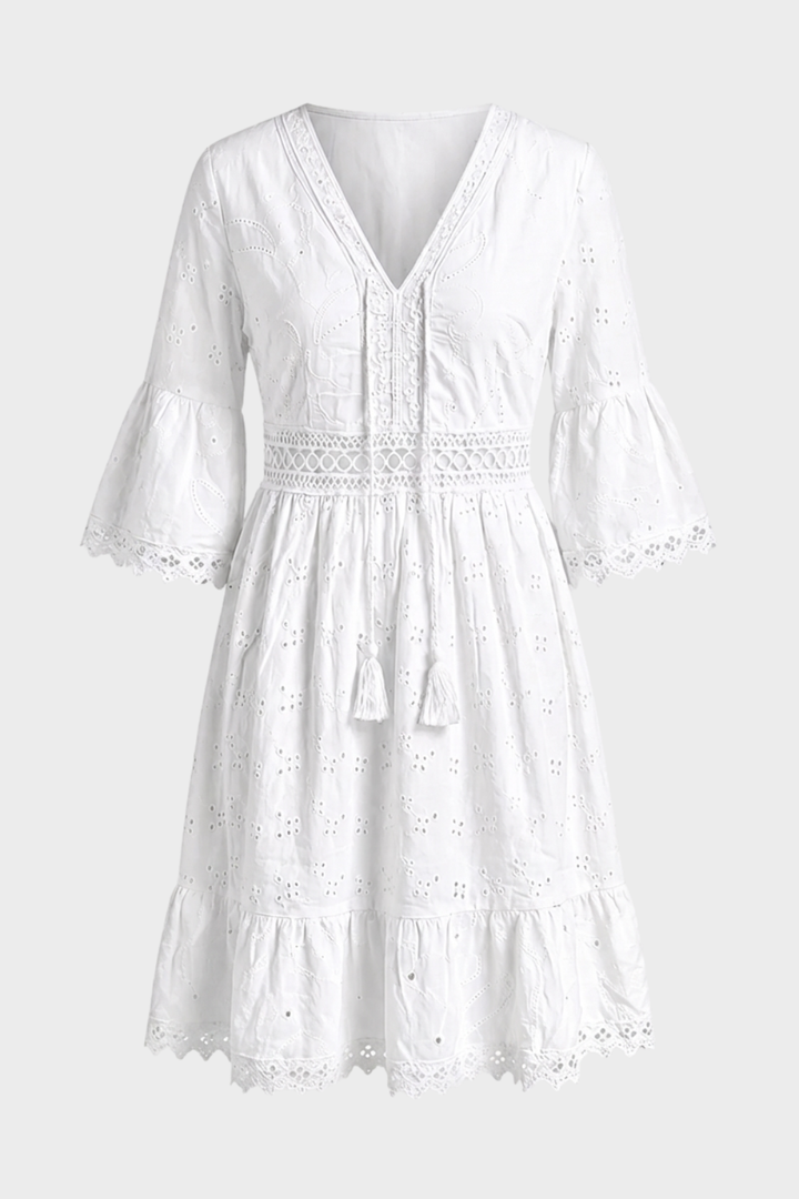 Scarlett | Women's Boho Mini Dress V-Neck Bell Sleeves Eyelet Lace