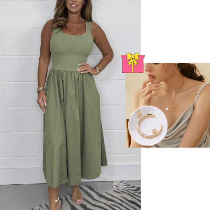 Stylish Sleeveless A-Line Dress with Square Neckline