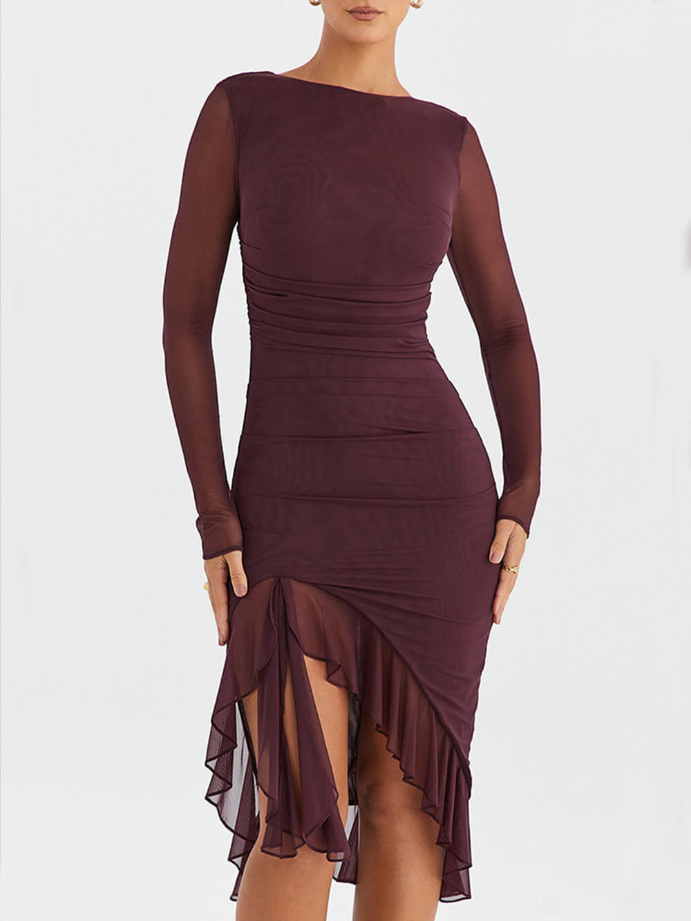 Women's midi dress with long sleeves and ruffle