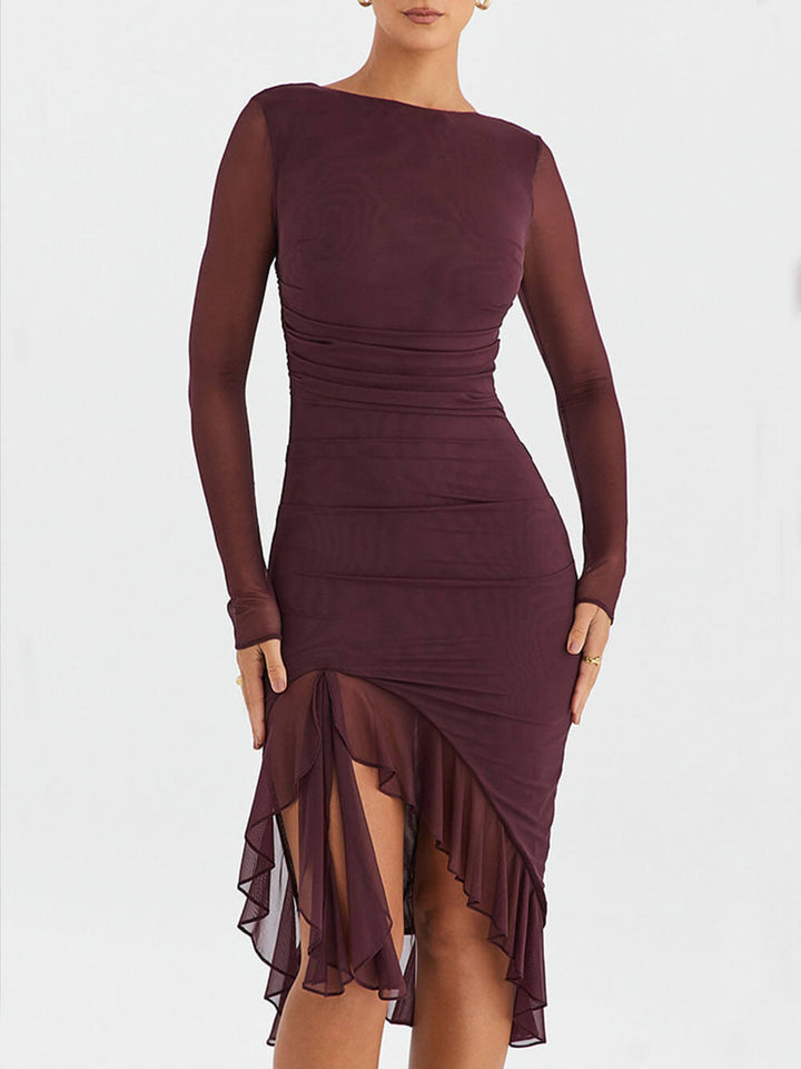 Women's midi dress with long sleeves and ruffle