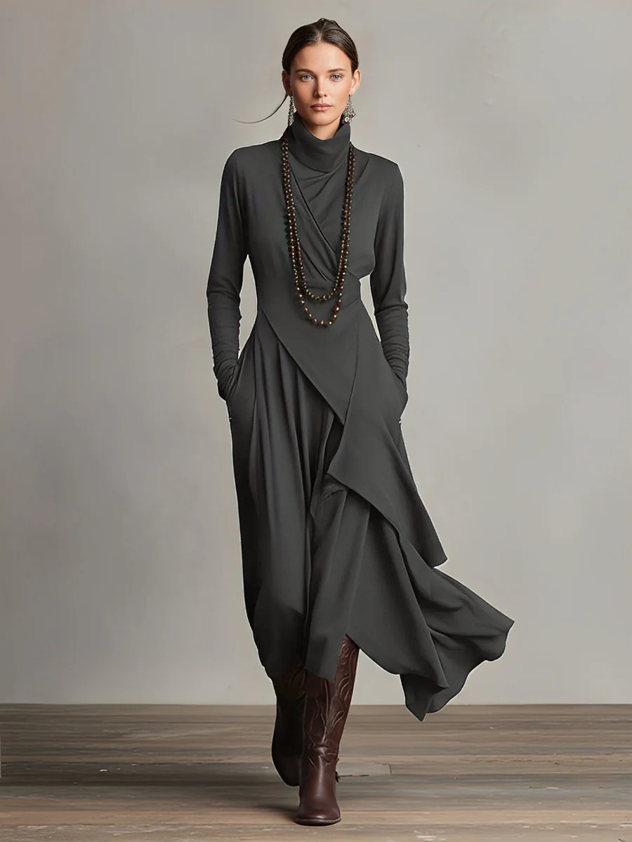 Women's Bohemian Cotton Stretch Turtleneck Asymmetrical Maxi Dress