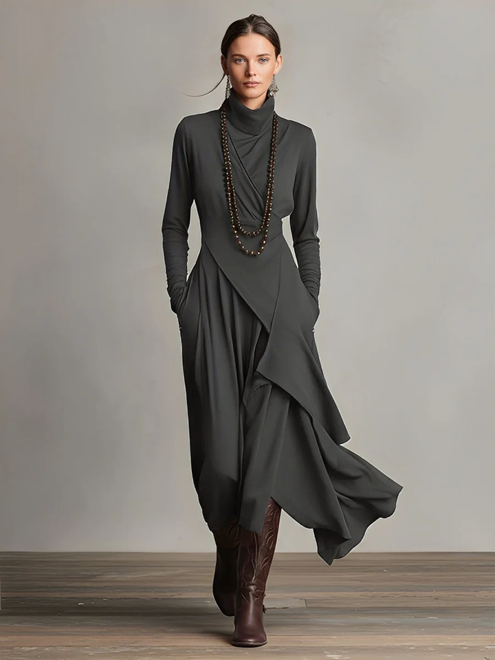 Women's Bohemian Cotton Stretch Turtleneck Asymmetrical Maxi Dress