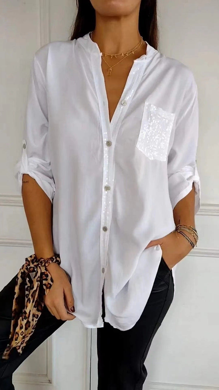 Women’s Casual Button-Up Blouse with Sequin Detail