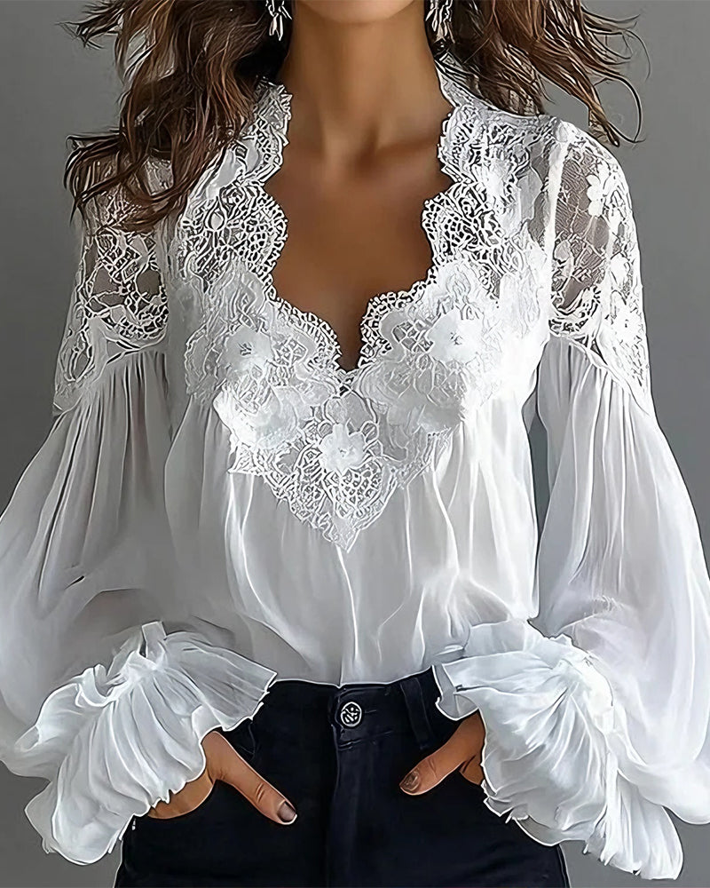 Lace Women's Blouse | with V-neck and puffed sleeves