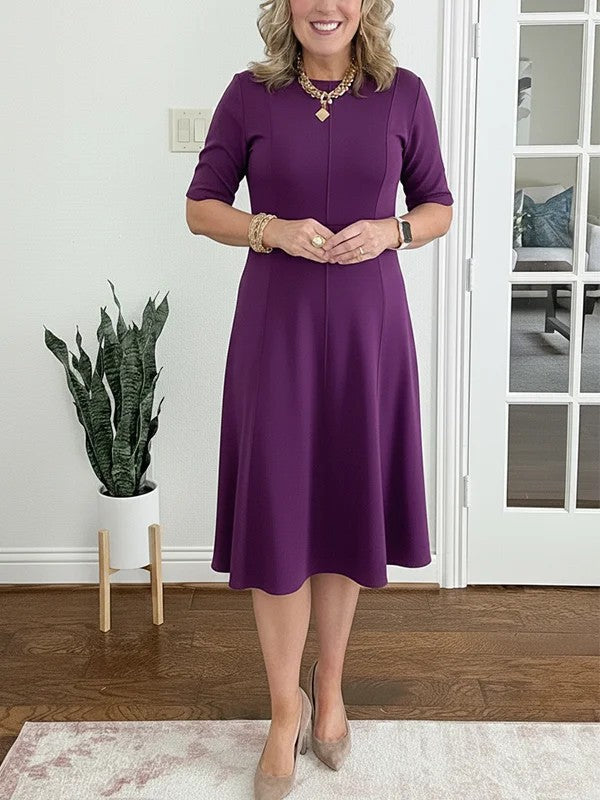 Women's Midi Dress with Short Sleeves and Flared Skirt