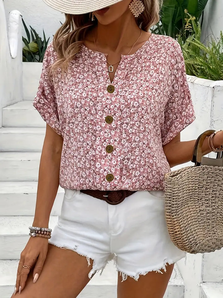 Women's Floral Print Short Sleeve Button-Front Blouse