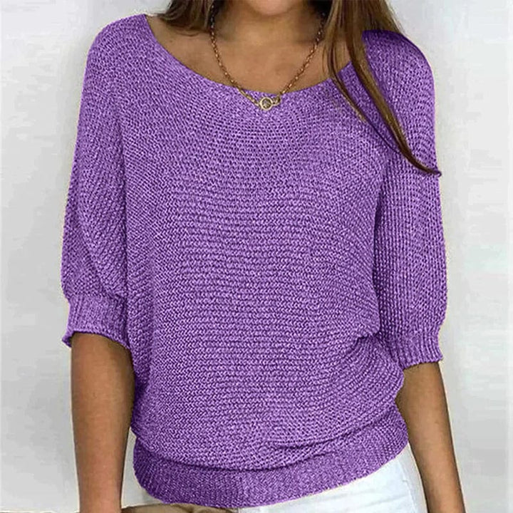 Solid Color Sweater with Round Neck and 3/4 Sleeves