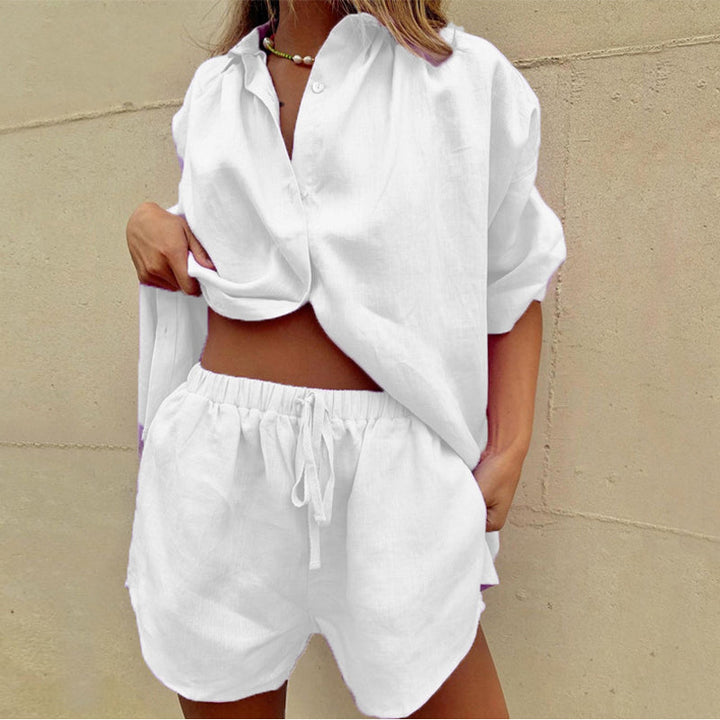 Women’s Relaxed Two-Piece Set with Button-Up Shirt and Drawstring Shorts