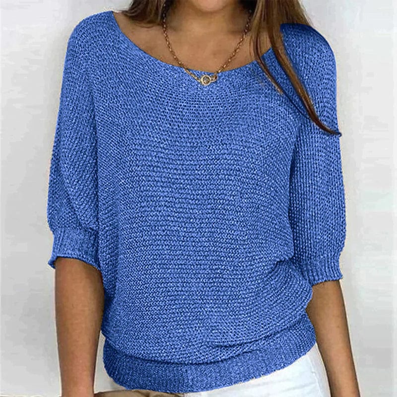 Solid Color Sweater with Round Neck and 3/4 Sleeves