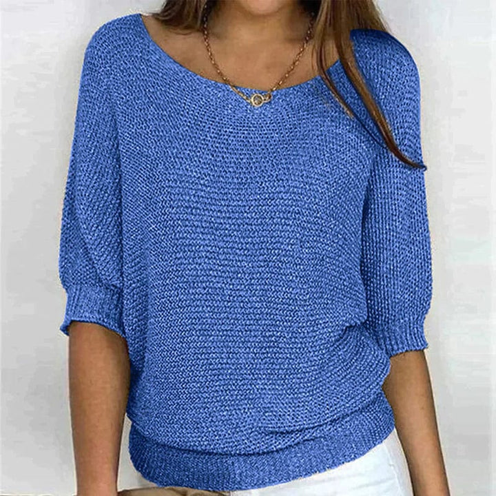 Solid Color Sweater with Round Neck and 3/4 Sleeves