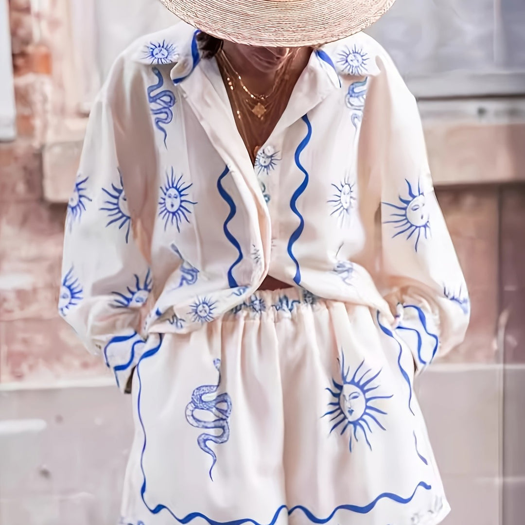 Women's Complete Set: Shirt and Shorts with Print and Elastic Waist