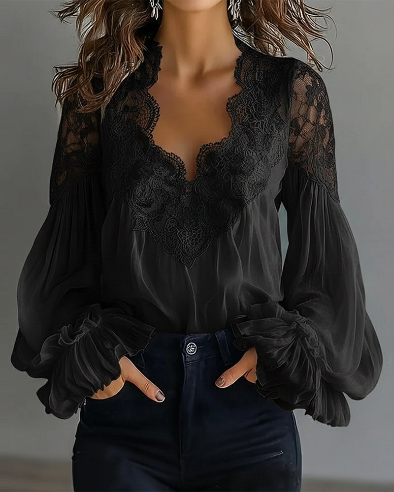 Lace Women's Blouse | with V-neck and puffed sleeves