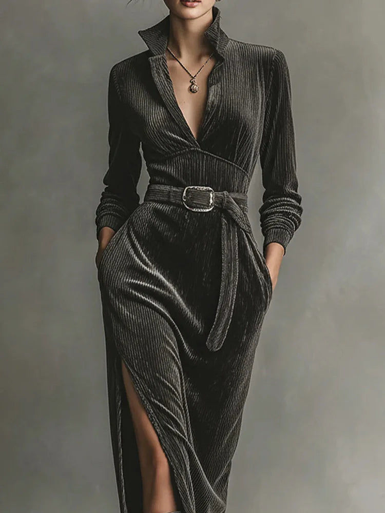 Elegant Corduroy Dress with Neck Tie and Side Slits