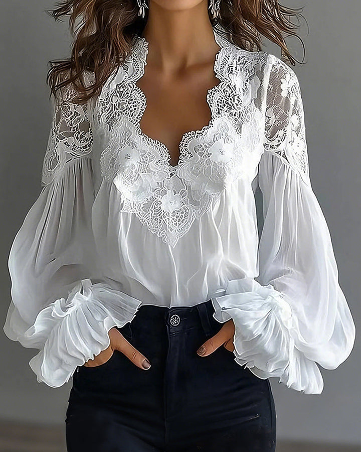 Lace Women's Blouse | with V-neck and puffed sleeves