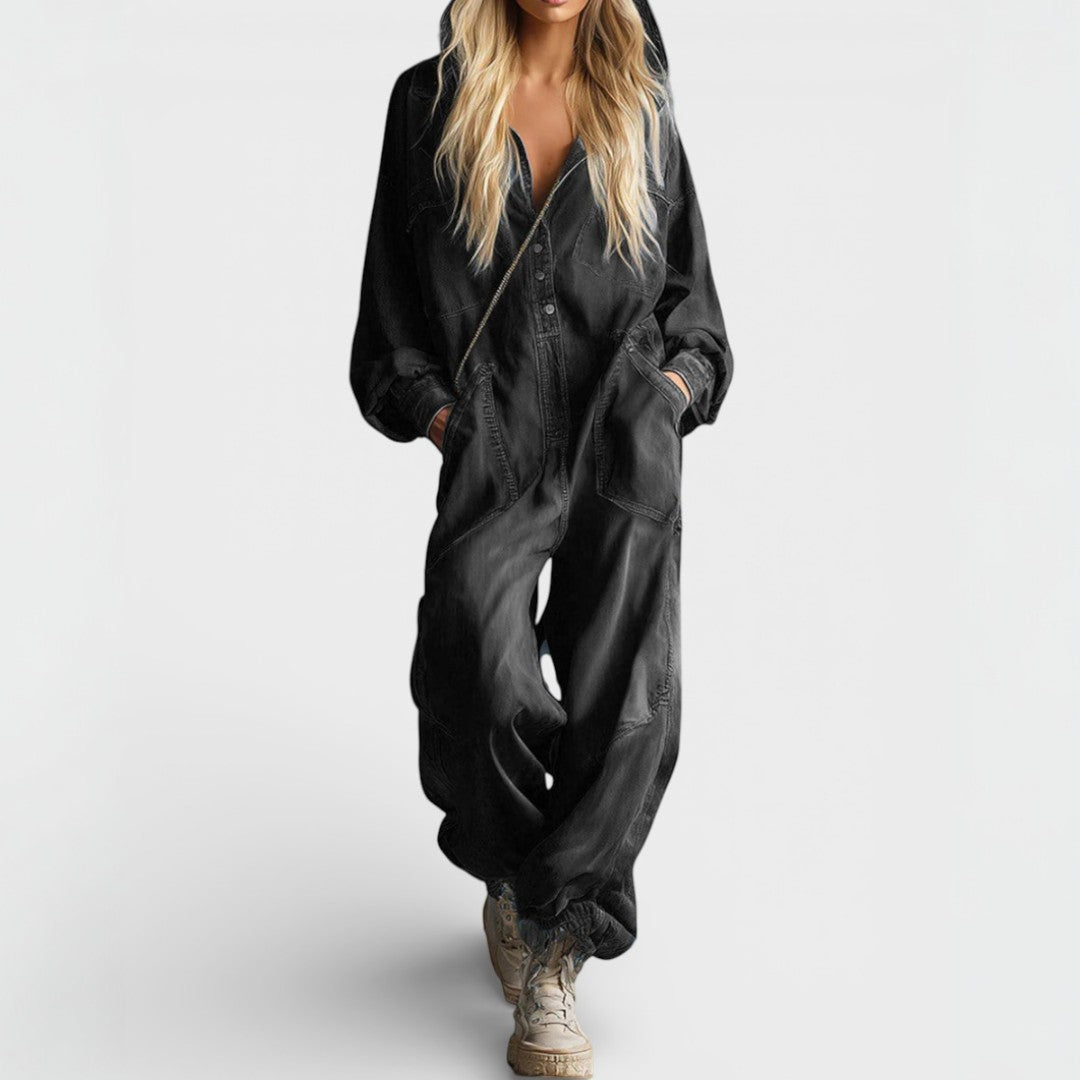 Women's Oversized Denim Jumpsuit with Long Sleeves