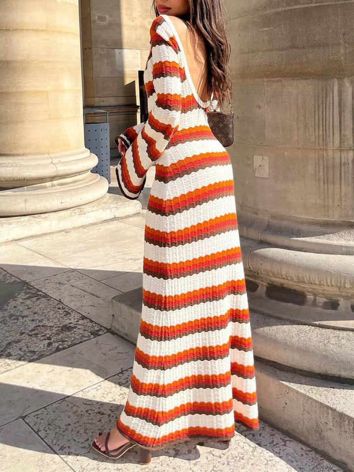 Women's Maxi Dress with Stripes and Long Sleeves