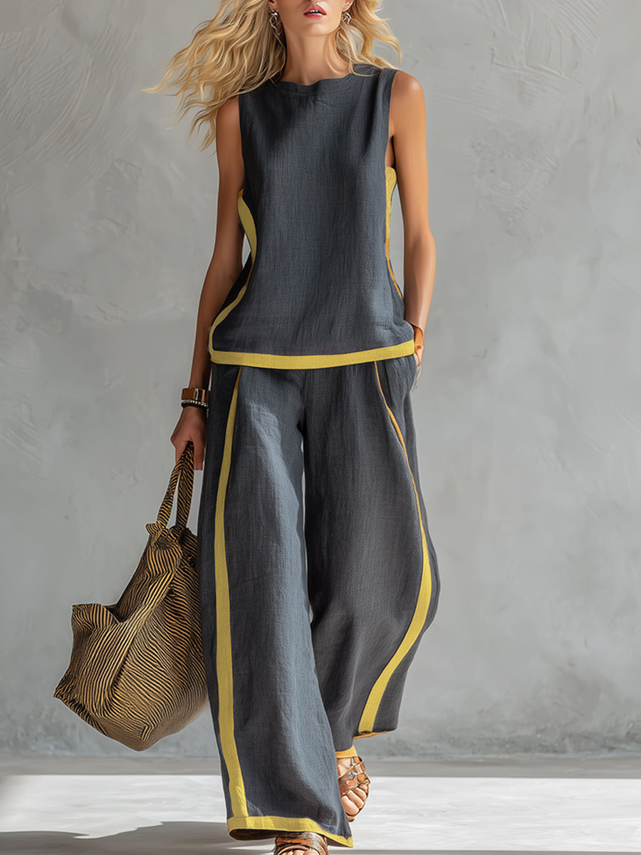 Leila - Elegant and casual vest and pants set in gray cotton and linen with two-tone edges.