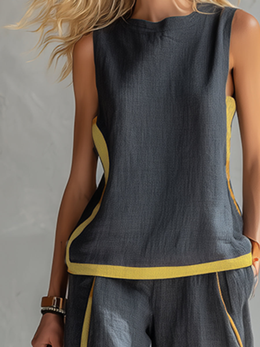 Leila - Elegant and casual vest and pants set in gray cotton and linen with two-tone edges.