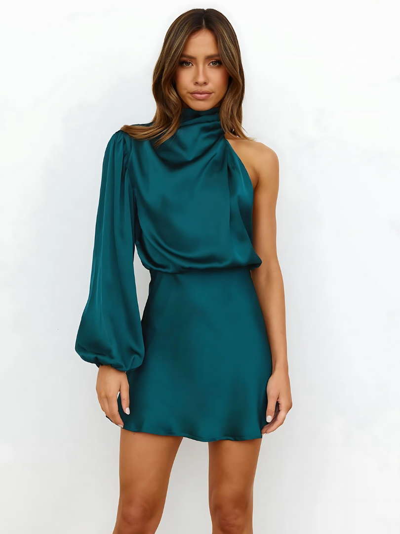 Women's Satin One-Shoulder Dress with Long Sleeve