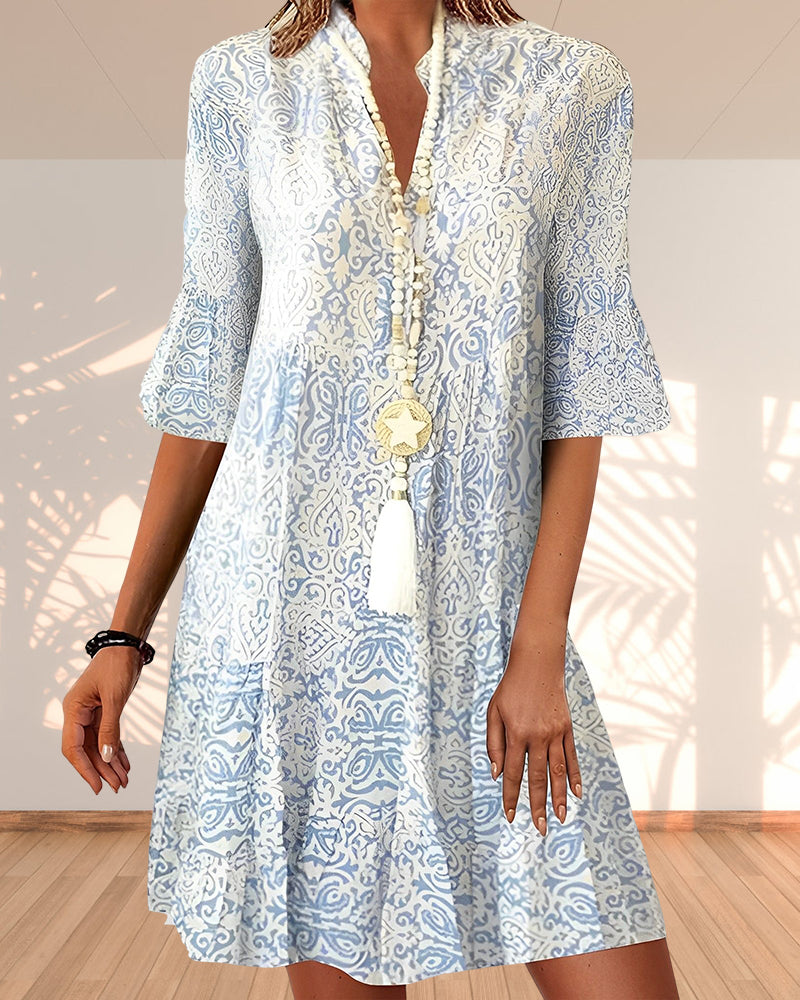 Makayla | Women's Boho Patterned V Neck Flare Sleeve Mini Dress