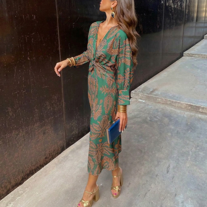 Isadora™ – Elegant Midi Dress with Waist Knot and Artistic Print