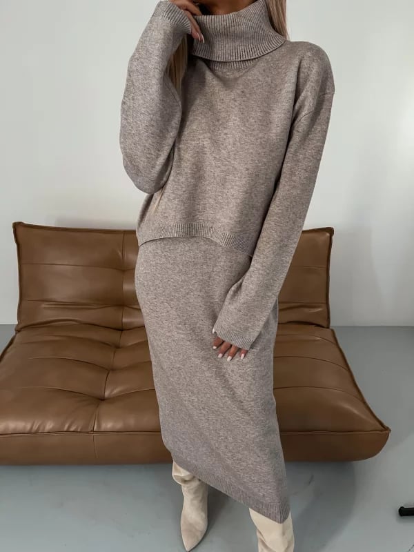 Knit set with turtleneck and midi skirt – minimalist style
