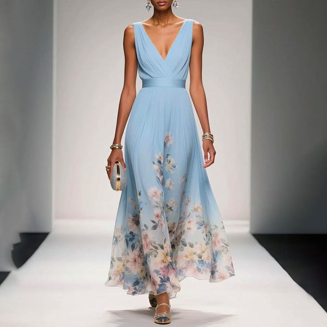 Women's Floral Border Print Sleeveless Maxi Dress - V-Neck