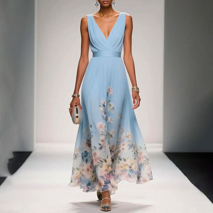 Women's Floral Border Print Sleeveless Maxi Dress - V-Neck