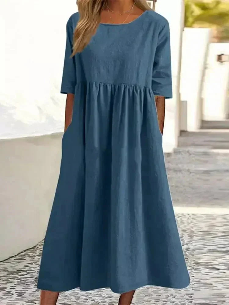 Women’s Relaxed Midi Dress with Round Neck and Short Sleeves