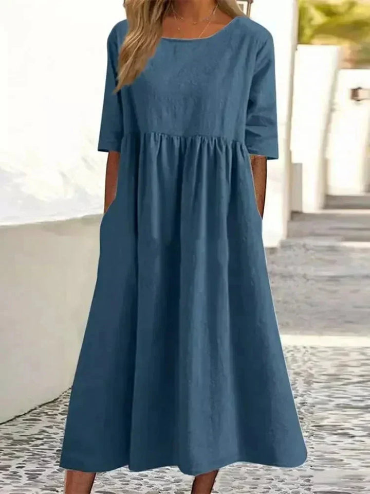 Women’s Relaxed Midi Dress with Round Neck and Short Sleeves