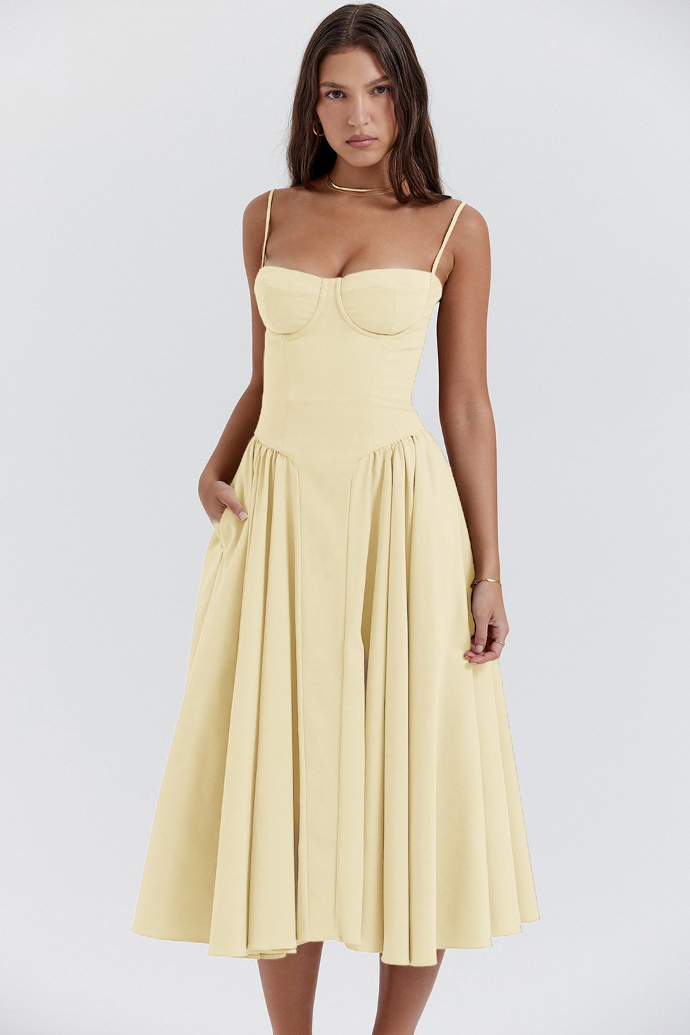 Women’s Elegant Midi Dress with Spaghetti Straps and Flared Skirt