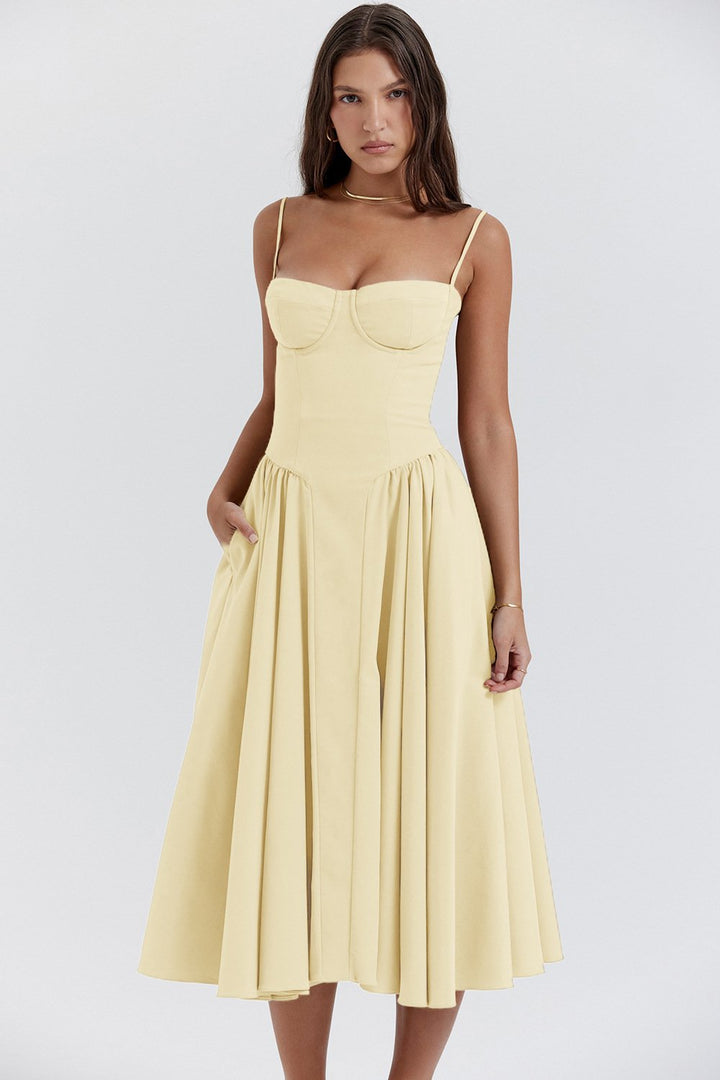 Women’s Elegant Midi Dress with Spaghetti Straps and Flared Skirt