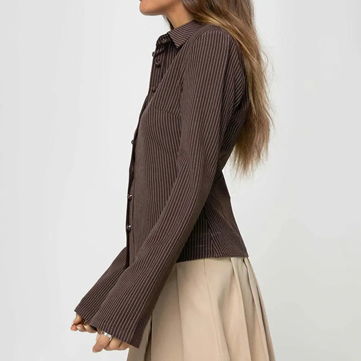 Women's Ribbed Stripe Button-Through Blouse - Long Flared Sleeve and Point Collar