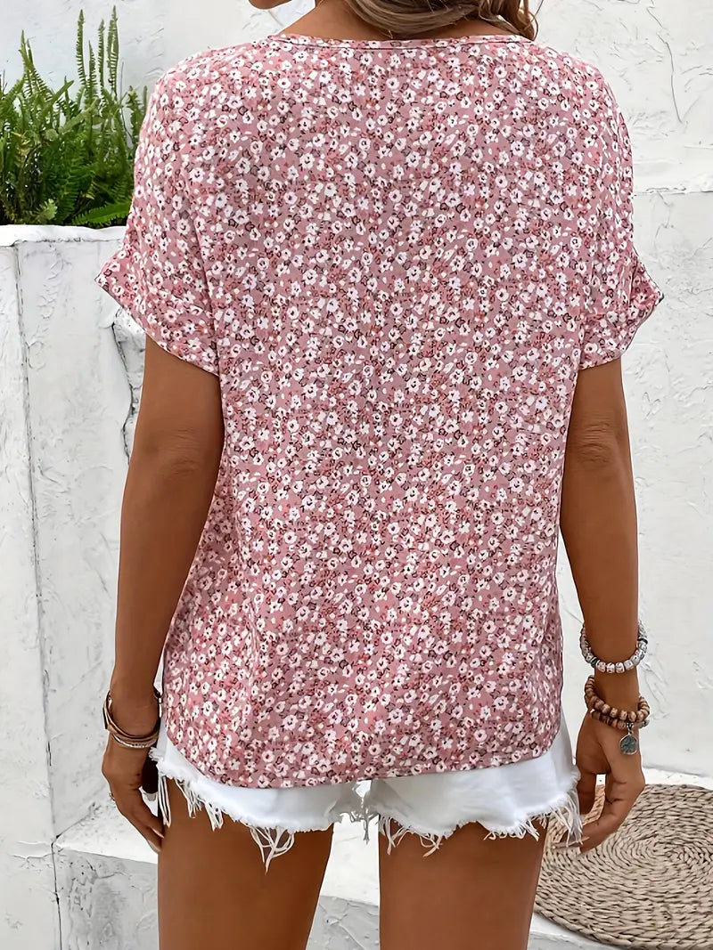 Women's Floral Print Short Sleeve Button-Front Blouse