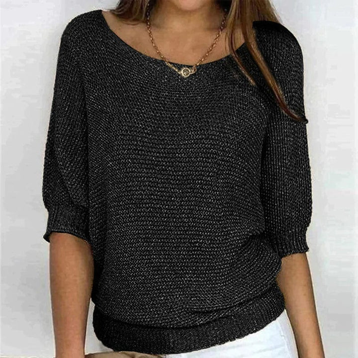 Solid Color Sweater with Round Neck and 3/4 Sleeves