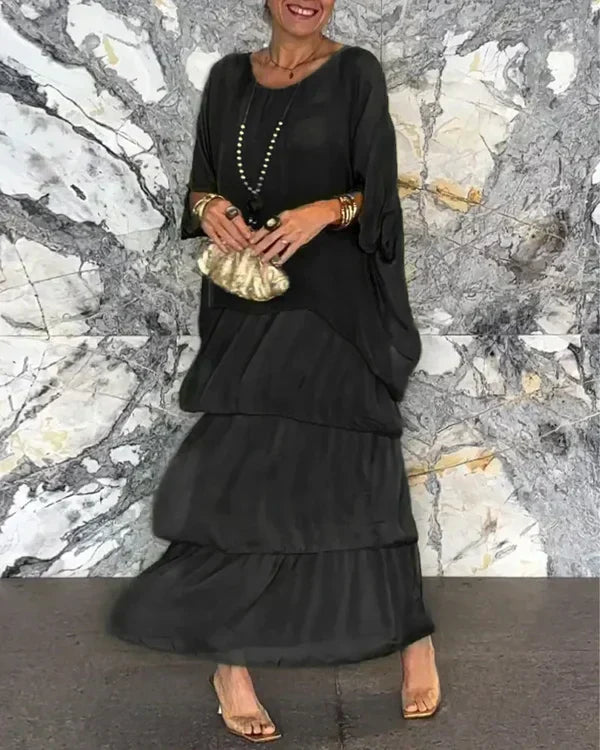 Women's Loose-Fitting Maxi Dress with Layered Hem