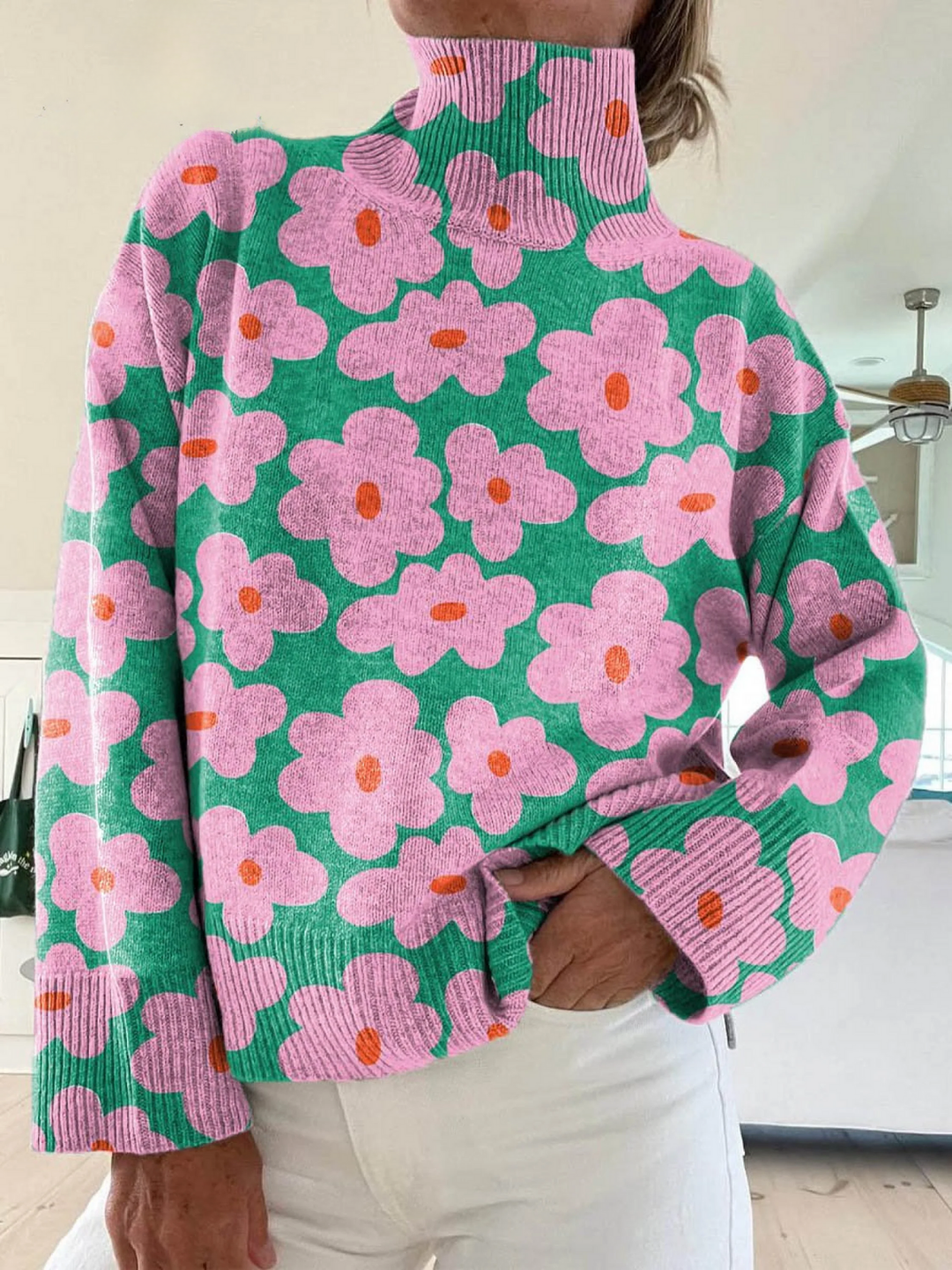 Women's Floral Sweater | with Turtleneck and Long Sleeves