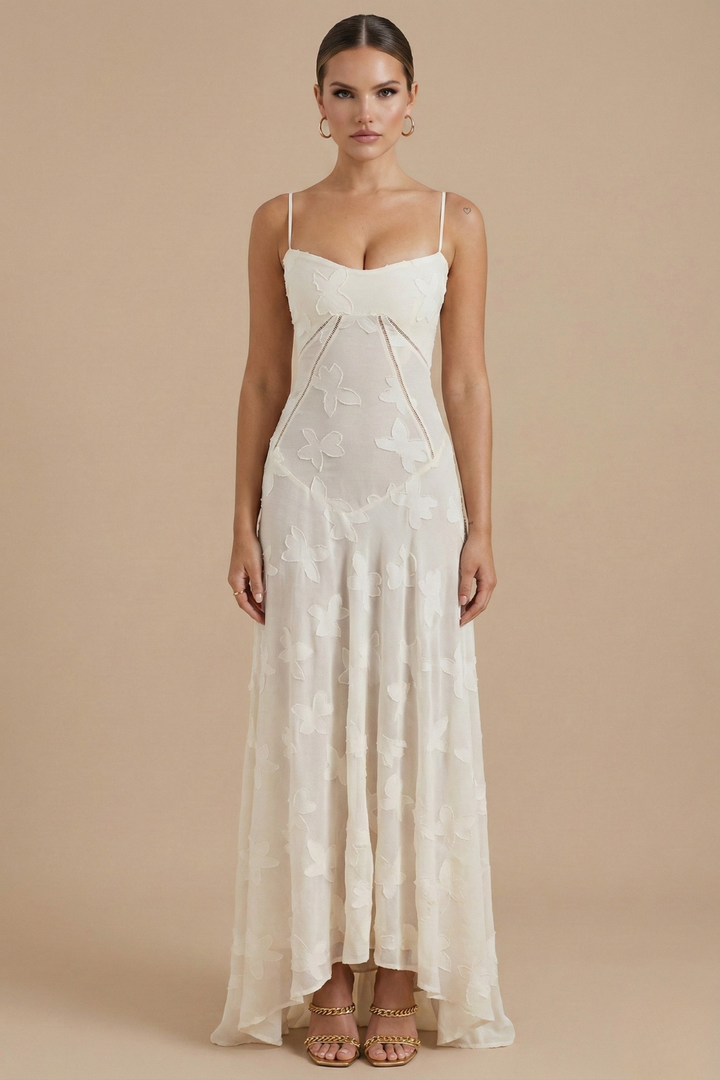 Women's Floral Maxi Dress - Spaghetti Strap Sweetheart Neck Lace Overlay