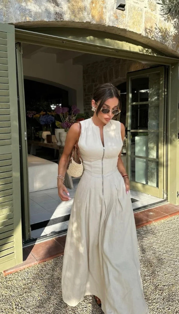 Sleeveless Tailored Wide-Leg Jumpsuit with Deep V-Zip Front