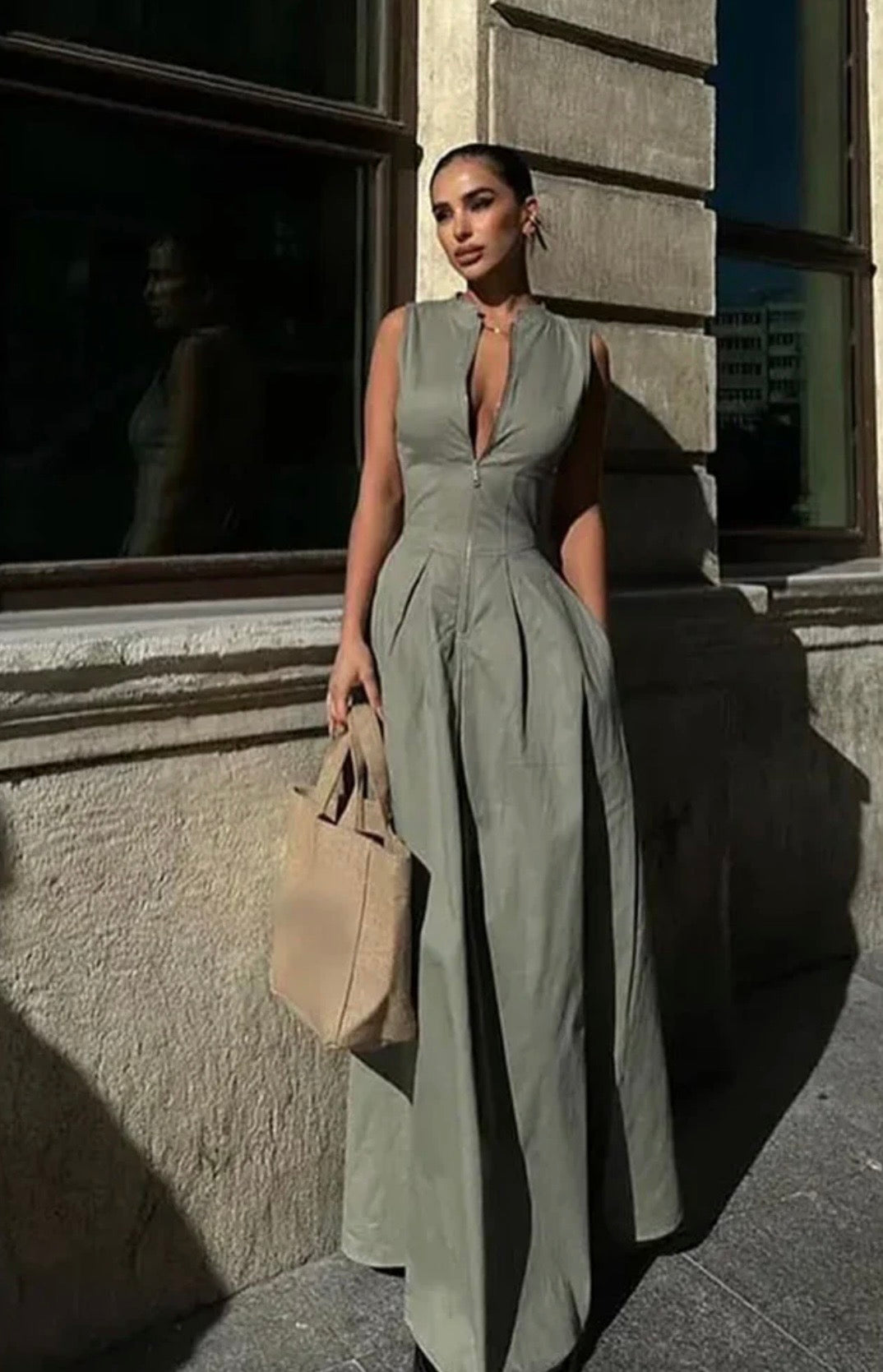 Sleeveless Tailored Wide-Leg Jumpsuit with Deep V-Zip Front