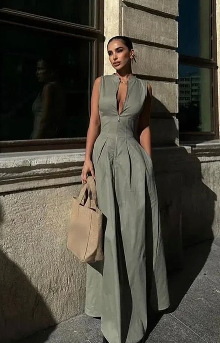 Sleeveless Tailored Wide-Leg Jumpsuit with Deep V-Zip Front