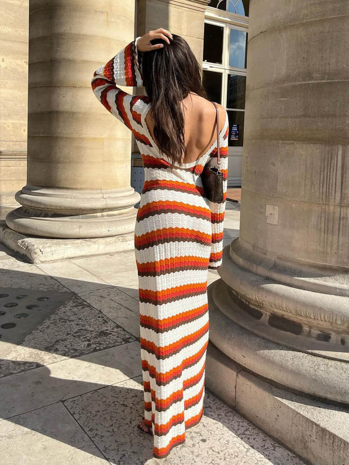 Women's Maxi Dress with Stripes and Long Sleeves